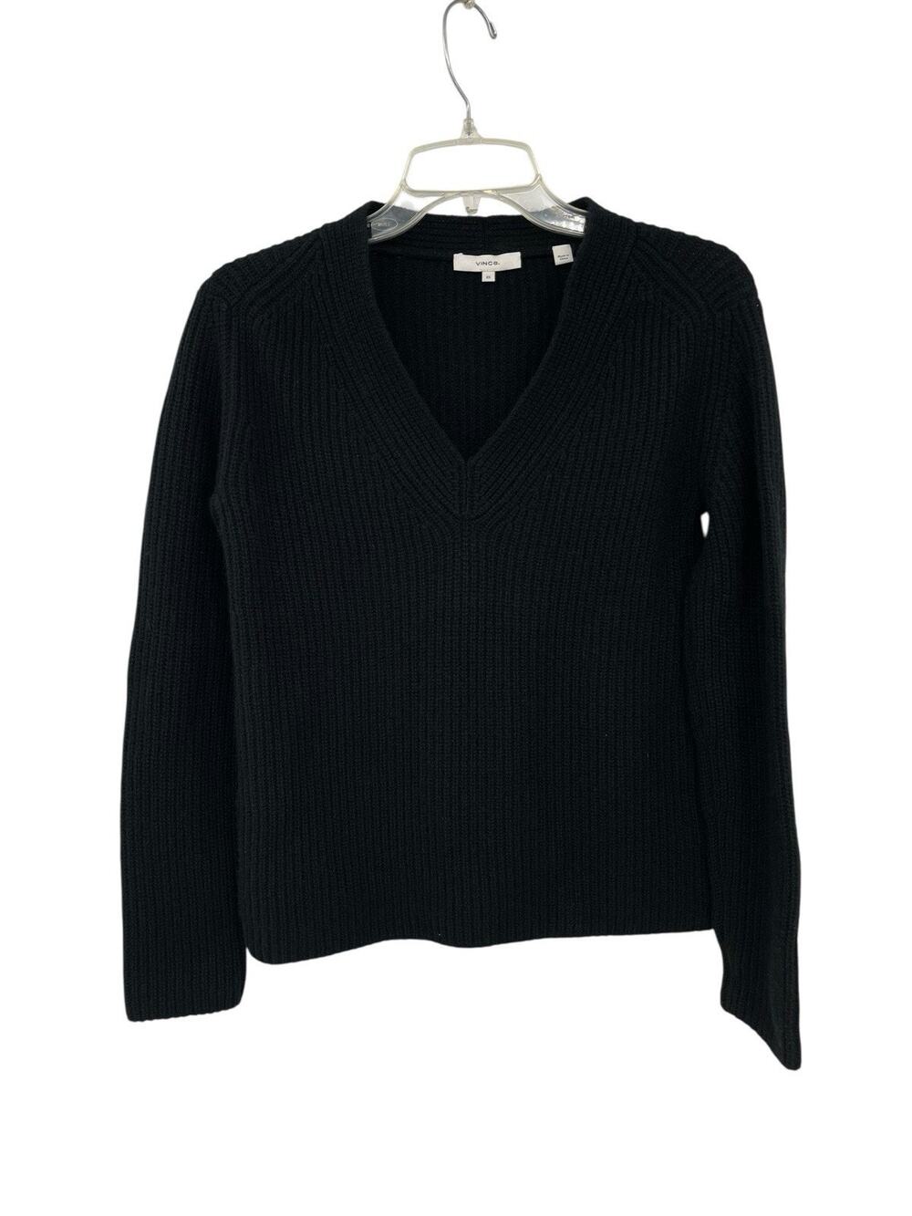 Vince Shaker Rib V-Neck Pullover Sweater 100% Cashmere Black Size XS